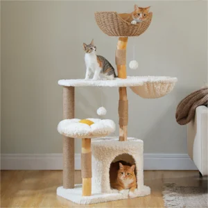 48.5″ Modern Solid Wood Cat Tree with Condo, Hammock & Rattan Perch for Large Indoor Cats