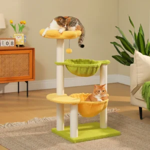 37.4″ Cat Tower with Hammocks & Scratching Posts – FSC Wood, Compact Design